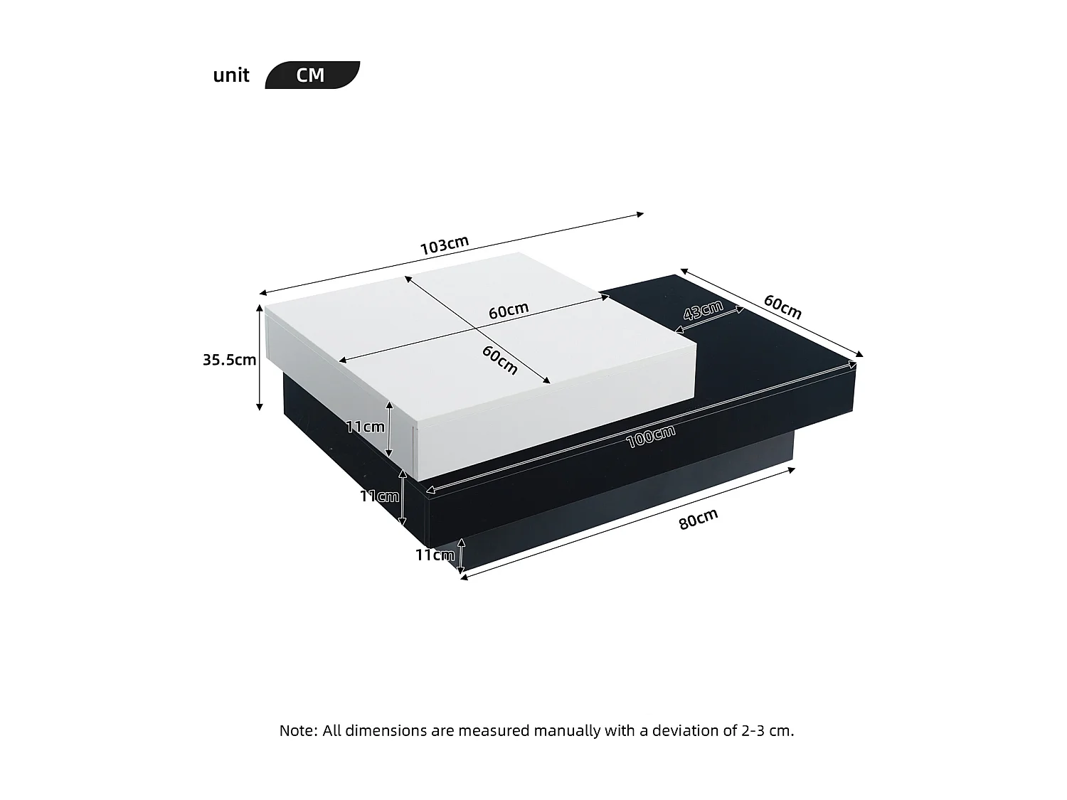 Mesa de centro moderna - Mesa de centro giratoria - para oficina, sala de estar, blanco y negro, 103 x 60 x 35 cm