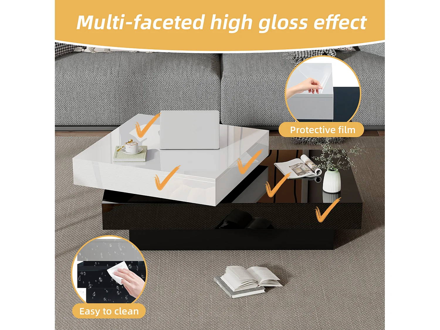 Mesa de centro moderna - Mesa de centro giratoria - para oficina, sala de estar, blanco y negro, 103 x 60 x 35 cm