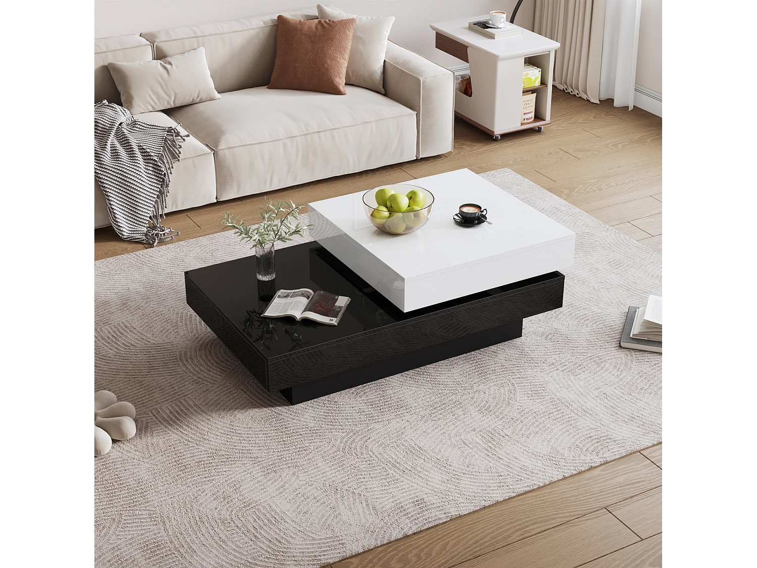 Table basse moderne - Table basse pivotante - pour bureau, salon, noir + blanc, 103 x 60 x 35 cm