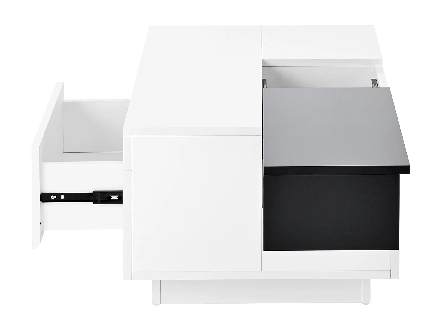 Mesa de centro lacada con iluminación LED, tablero extensible en blanco y negro, y espacio de almacenamiento oculto.