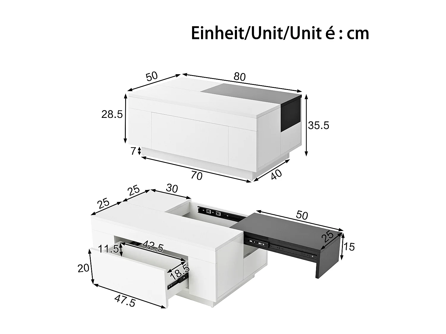 Table basse laquée avec éclairage LED, plateau extensible noir et blanc, rangement caché