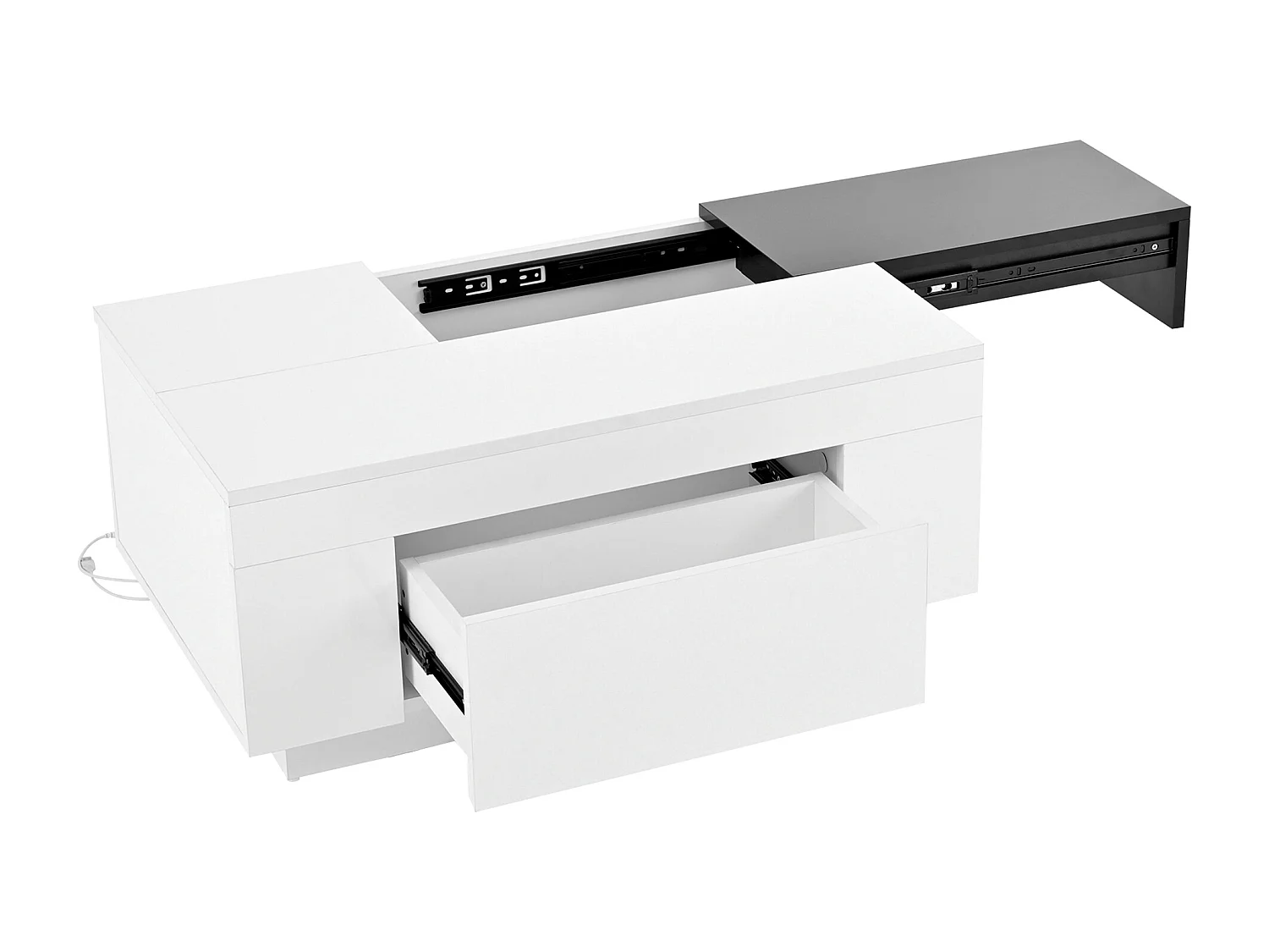 Table basse laquée avec éclairage LED, plateau extensible noir et blanc, rangement caché
