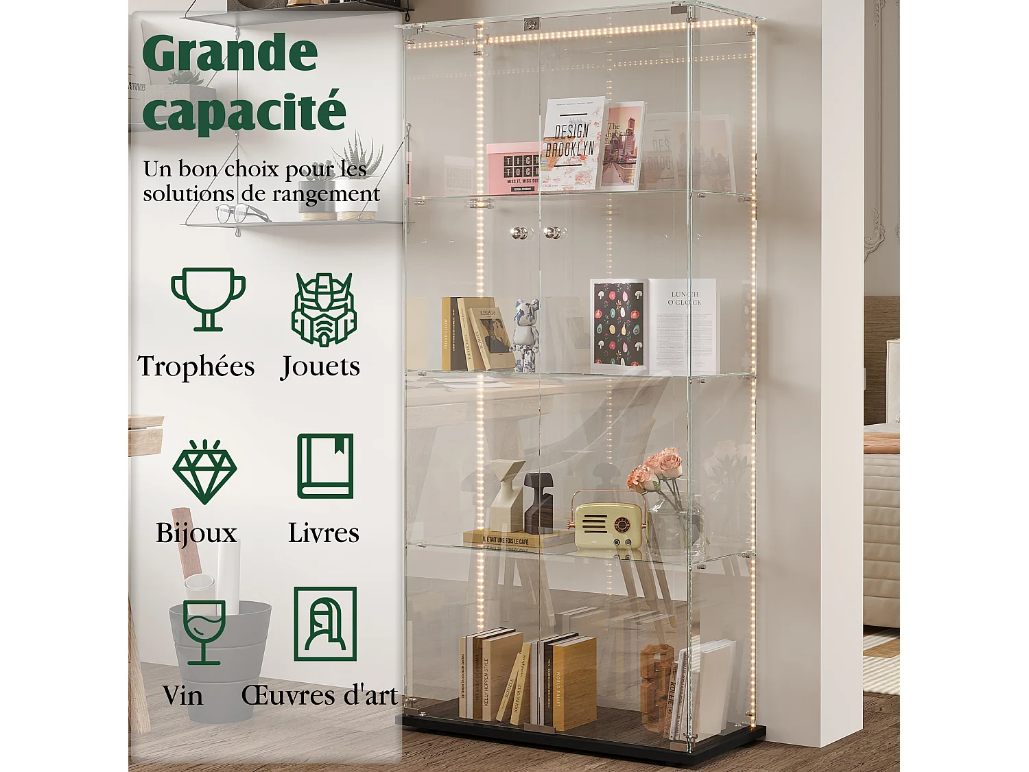 Vitrine en verre, Vitrine,Armoire de collection avec LED,4étagères et2 portes, 78x35 x163 cm, Noir