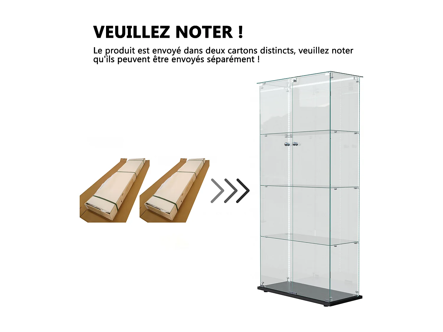 Vitrine en verre, Vitrine,Armoire de collection avec LED,4étagères et2 portes, 78x35 x163 cm, Noir