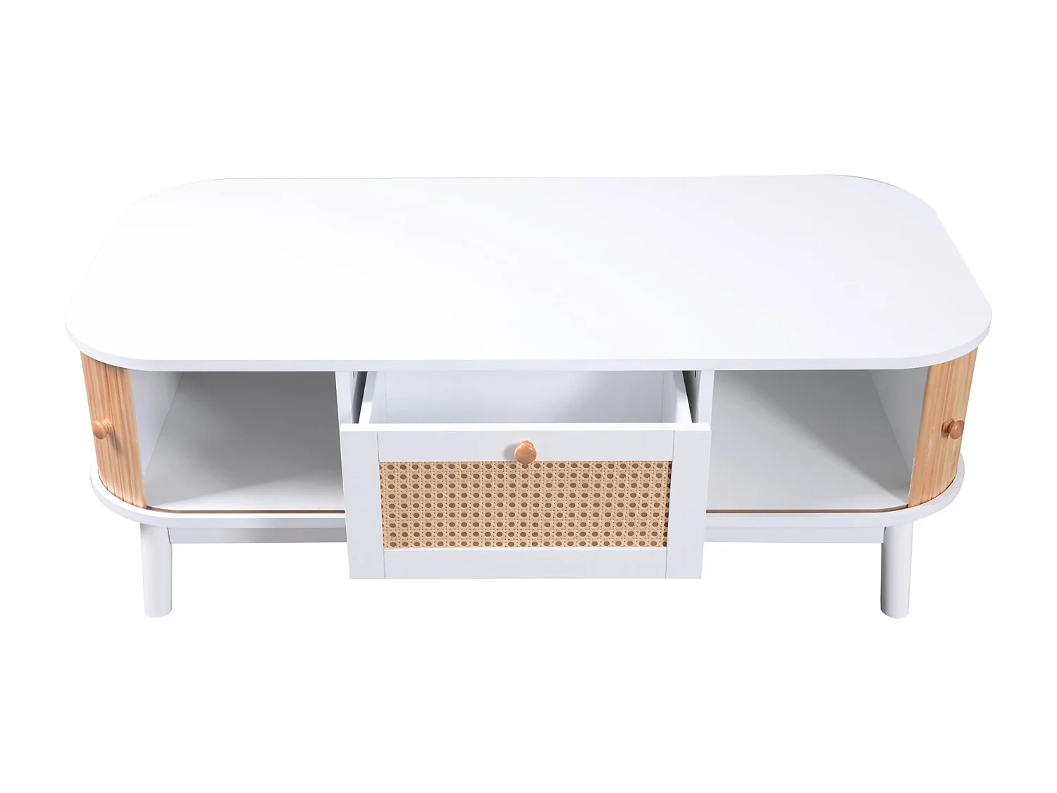 Table basse avec tiroirs et portes coulissantes, table de salon avec espaces de rangement, blanc