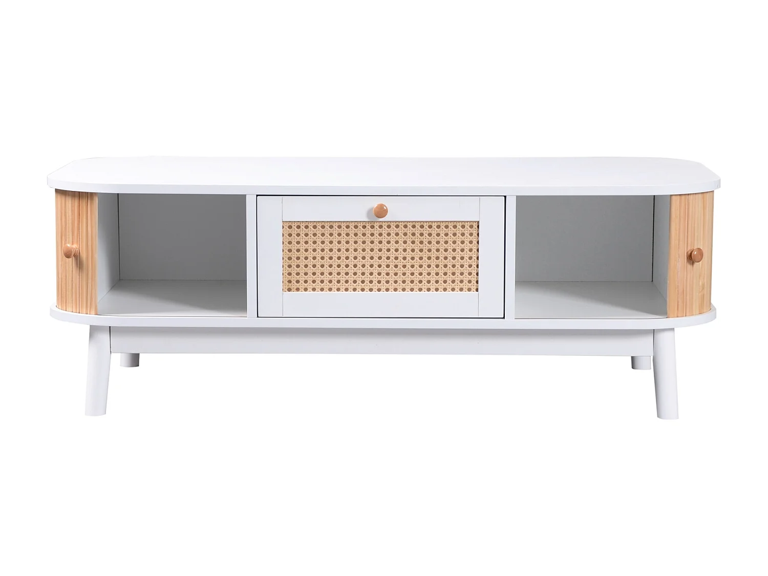 Table basse avec tiroirs et portes coulissantes, table de salon avec espaces de rangement, blanc