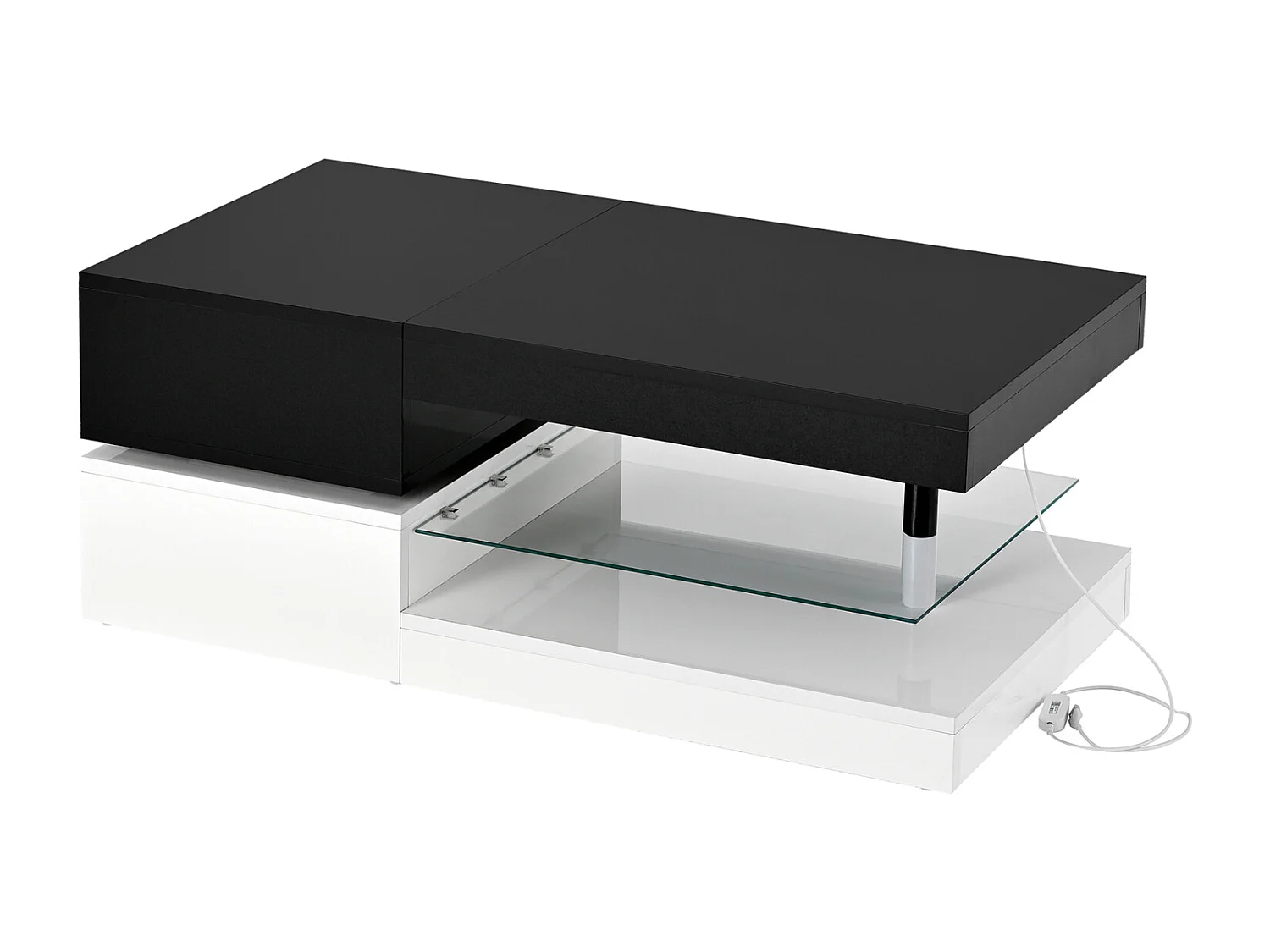 Table basse moderne avec éclairage LED, étagère en verre, design Blanc et Noir
