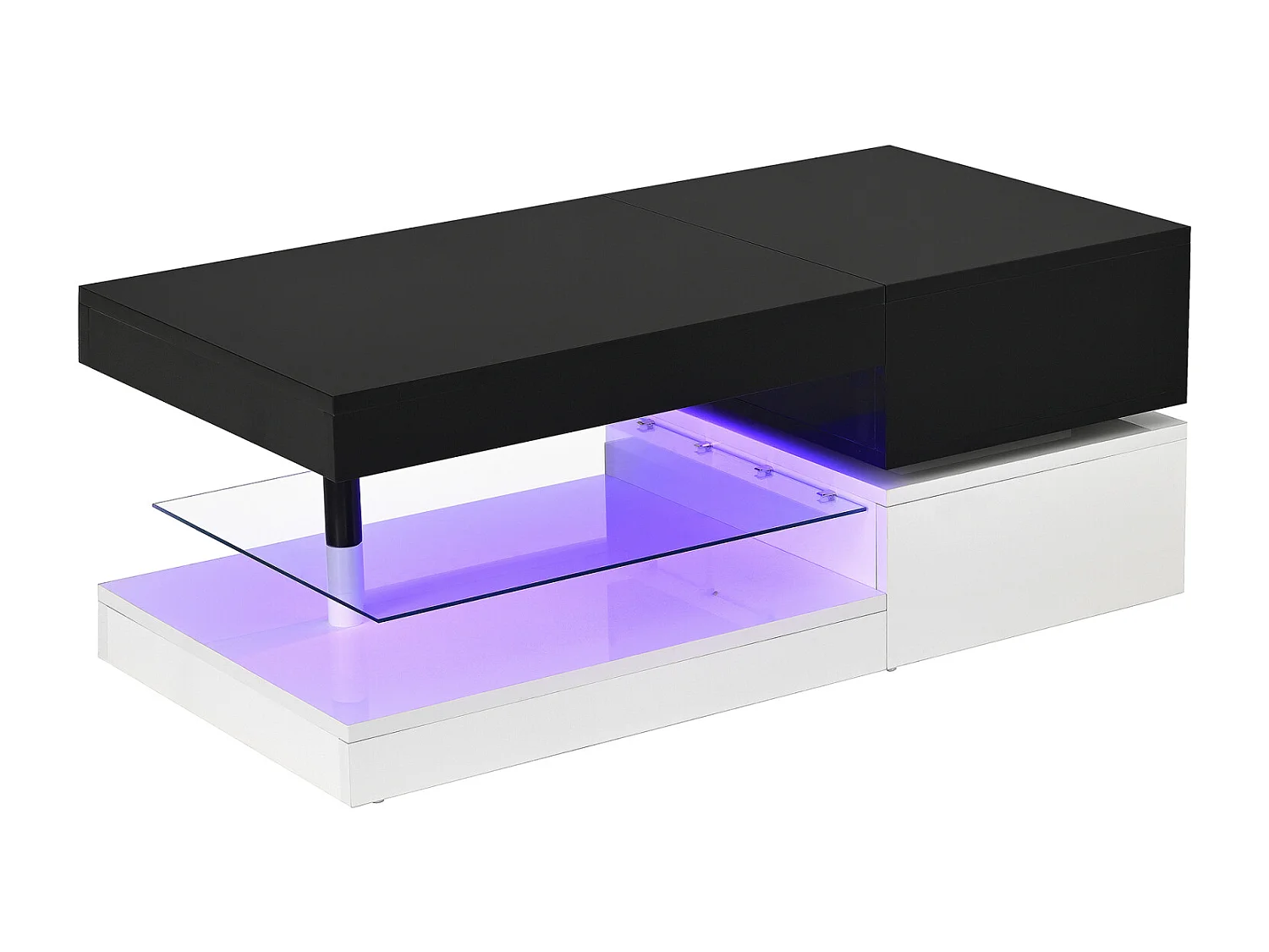 Table basse moderne avec éclairage LED, étagère en verre, design Blanc et Noir