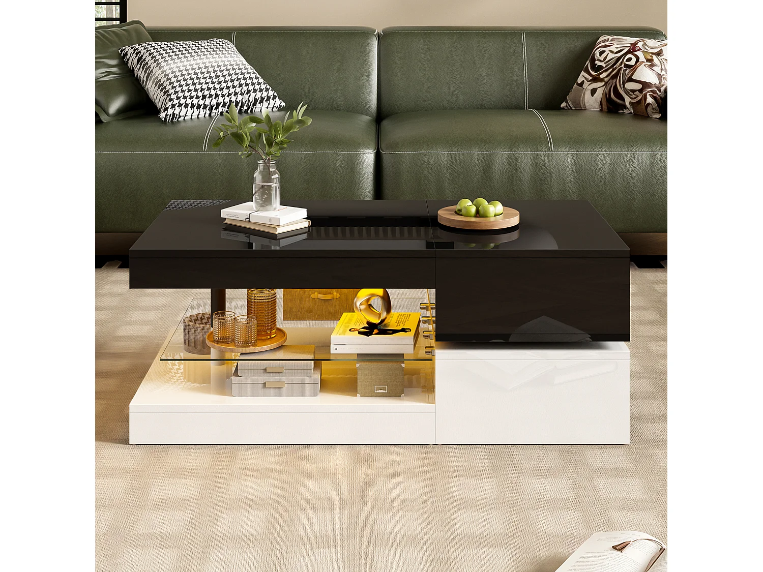 Table basse moderne avec éclairage LED, étagère en verre, design Blanc et Noir