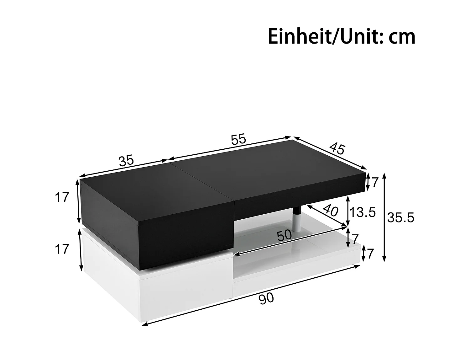 Table basse moderne avec éclairage LED, étagère en verre, design Blanc et Noir