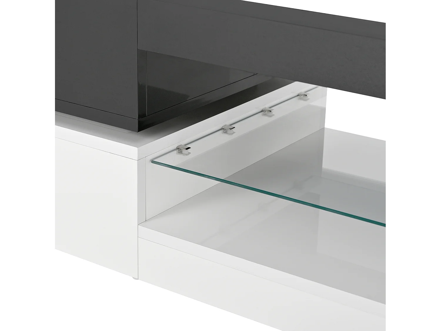 Table basse moderne avec éclairage LED, étagère en verre, design Blanc et Noir