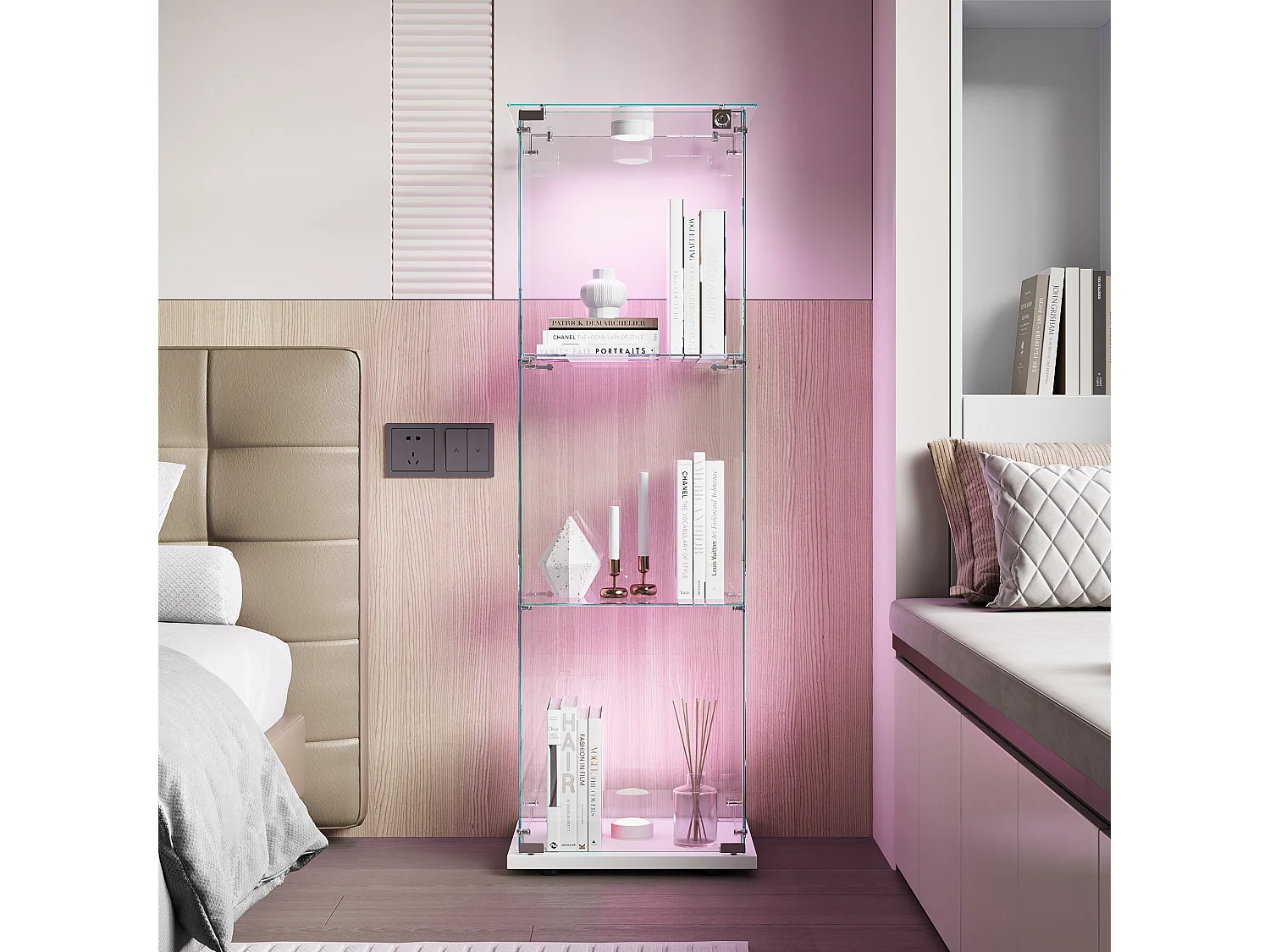 Vitrine en Verre avec LED à tapotement, 1 Portes, 3 Étagères Adjustables, 125 x 42 x 36 cm, Blanc