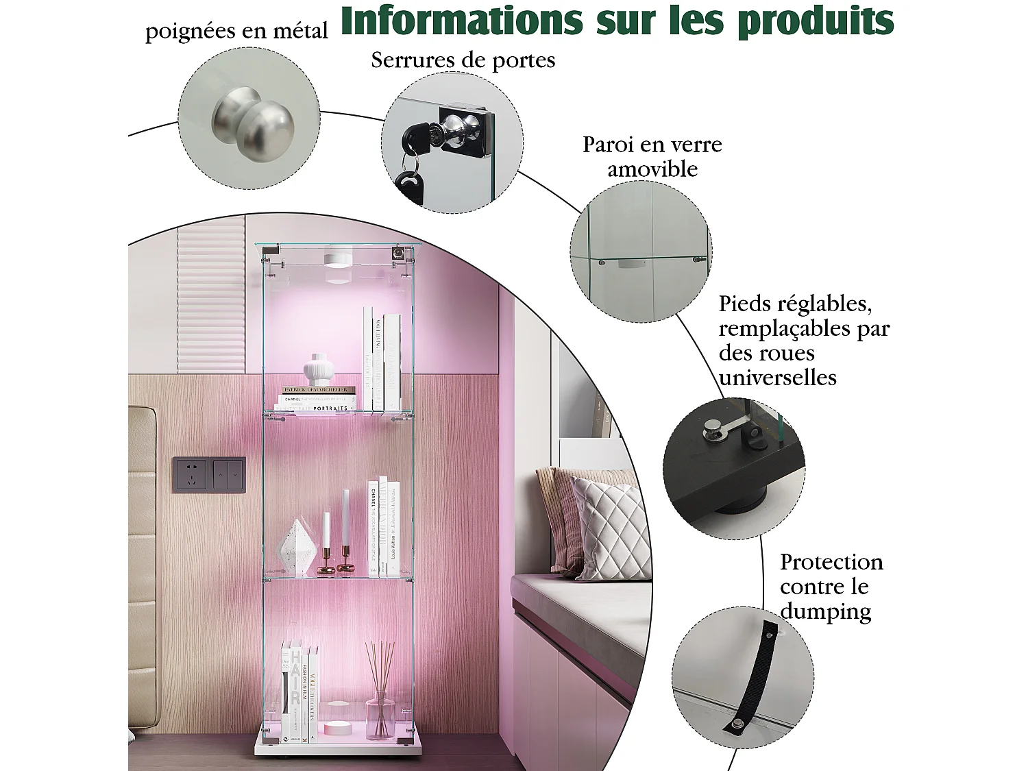 Vitrine en Verre avec LED à tapotement, 1 Portes, 3 Étagères Adjustables, 125 x 42 x 36 cm, Blanc