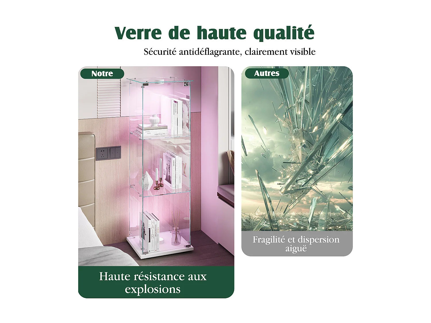 Vitrine en Verre avec LED à tapotement, 1 Portes, 3 Étagères Adjustables, 125 x 42 x 36 cm, Blanc