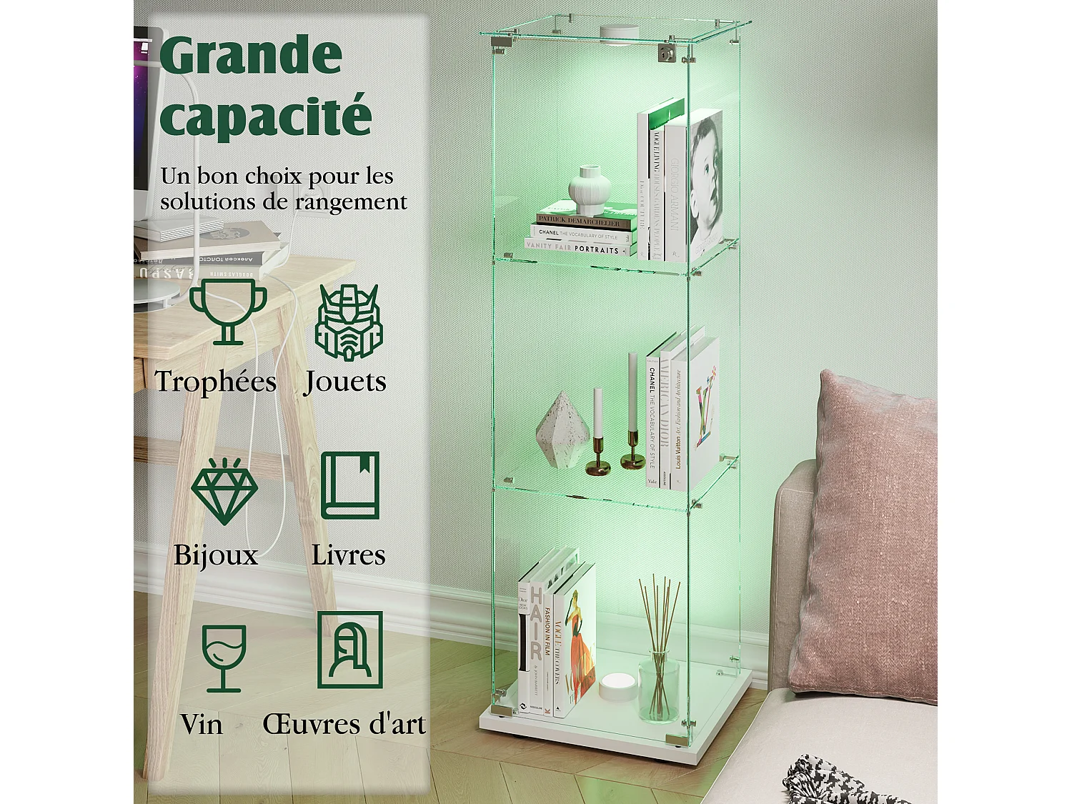 Vetrina in vetro con illuminazione LED a tocco, 1 anta, 3 ripiani regolabili, 125 x 42 x 36 cm, Bianco