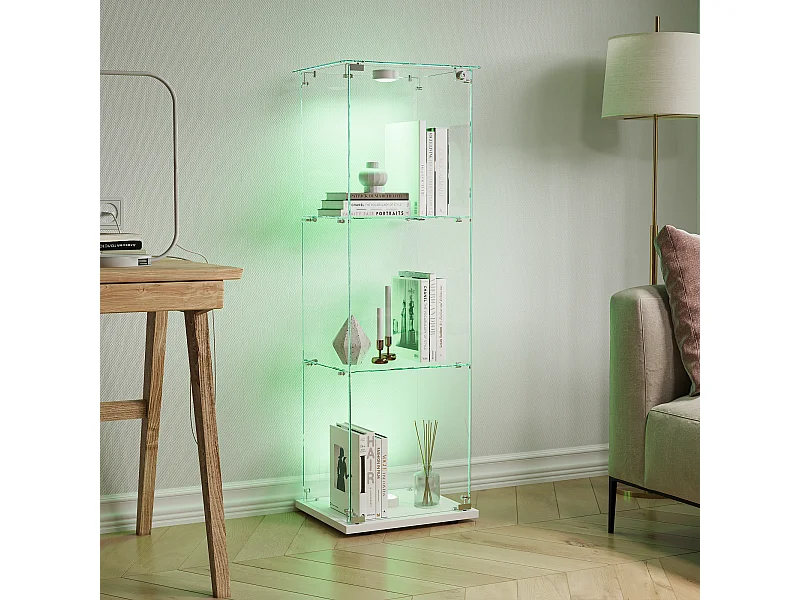 Vitrine en Verre avec LED à tapotement, 1 Portes, 3 Étagères Adjustables, 125 x 42 x 36 cm, Blanc