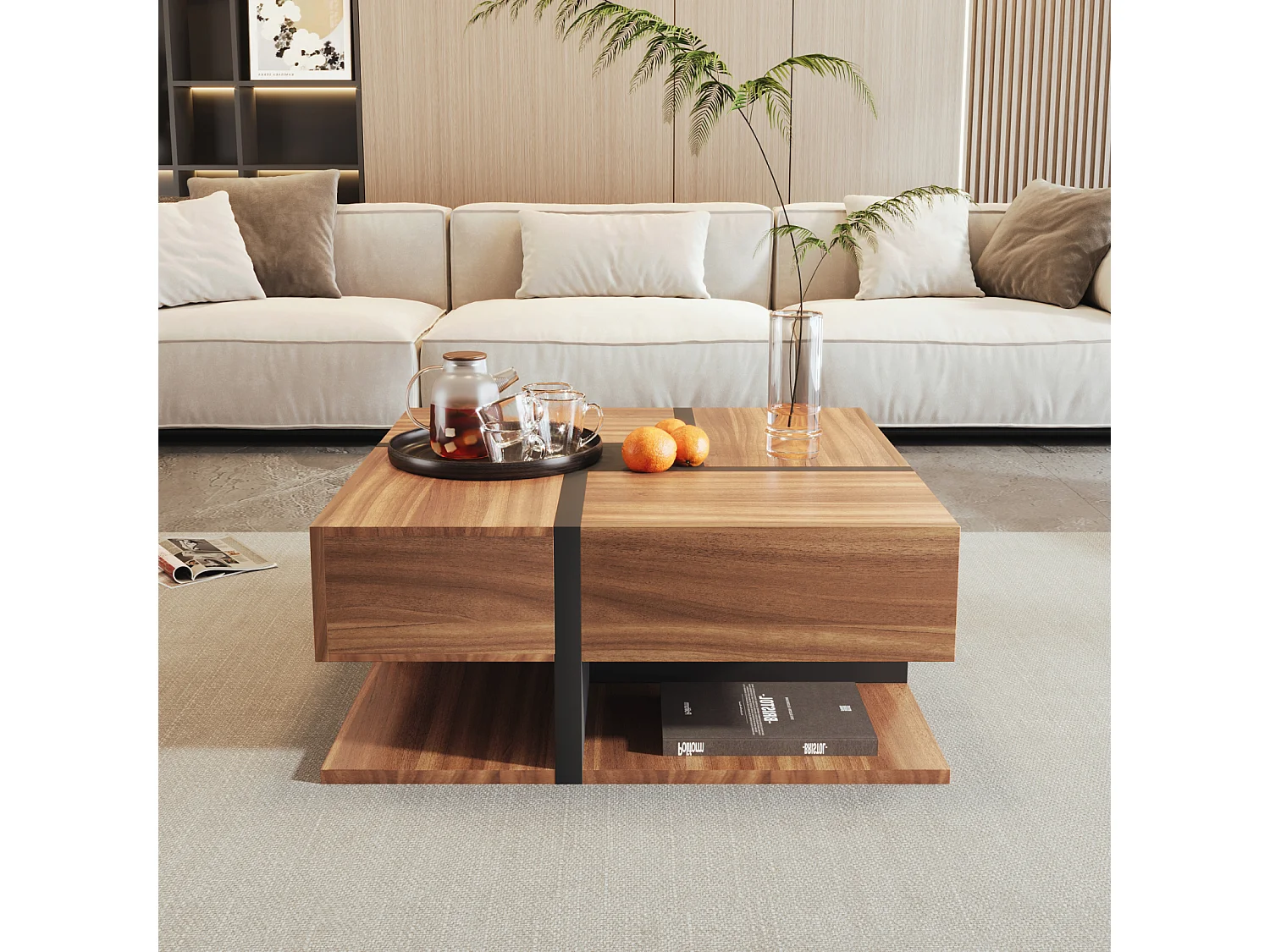 Tavolino da salotto con 4 cassetti, design moderno, due ripiani, design unico, nero + legno