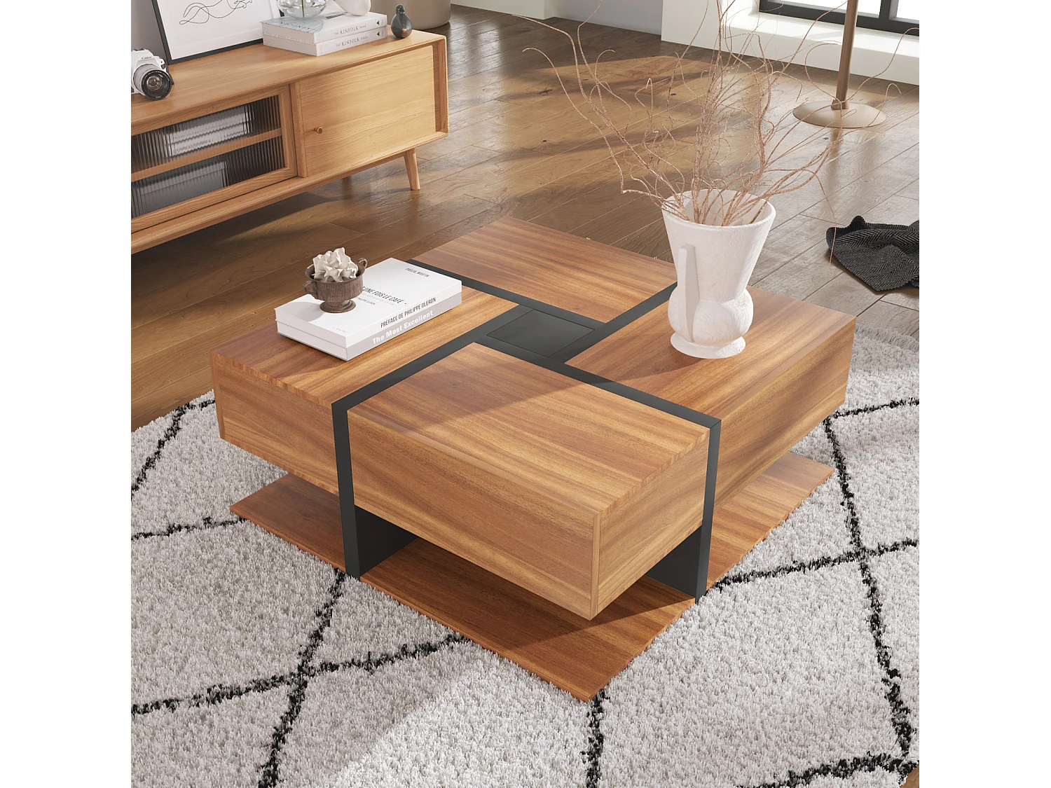 Tavolino da salotto con 4 cassetti, design moderno, due ripiani, design unico, nero + legno