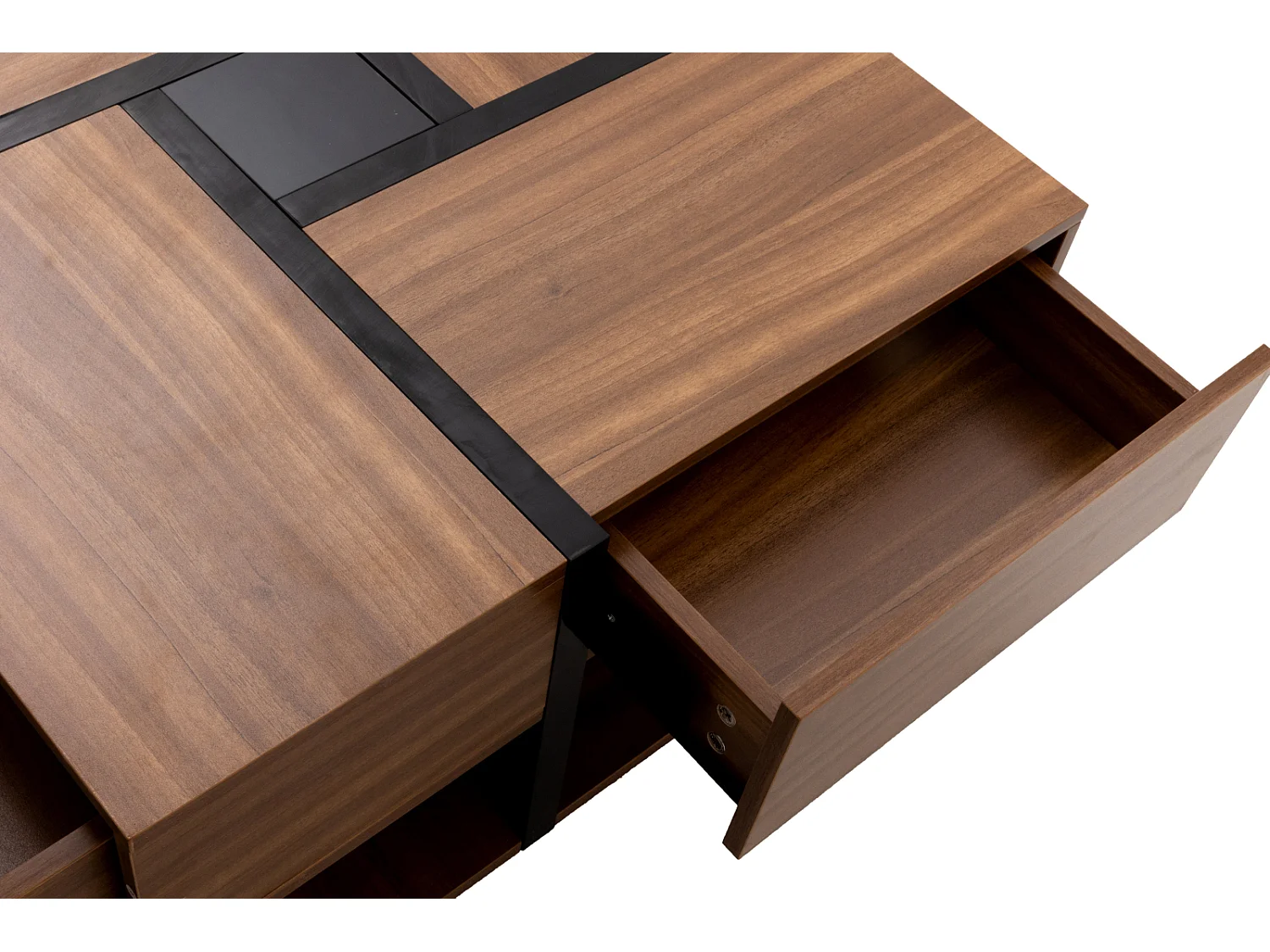 Tavolino da salotto con 4 cassetti, design moderno, due ripiani, design unico, nero + legno