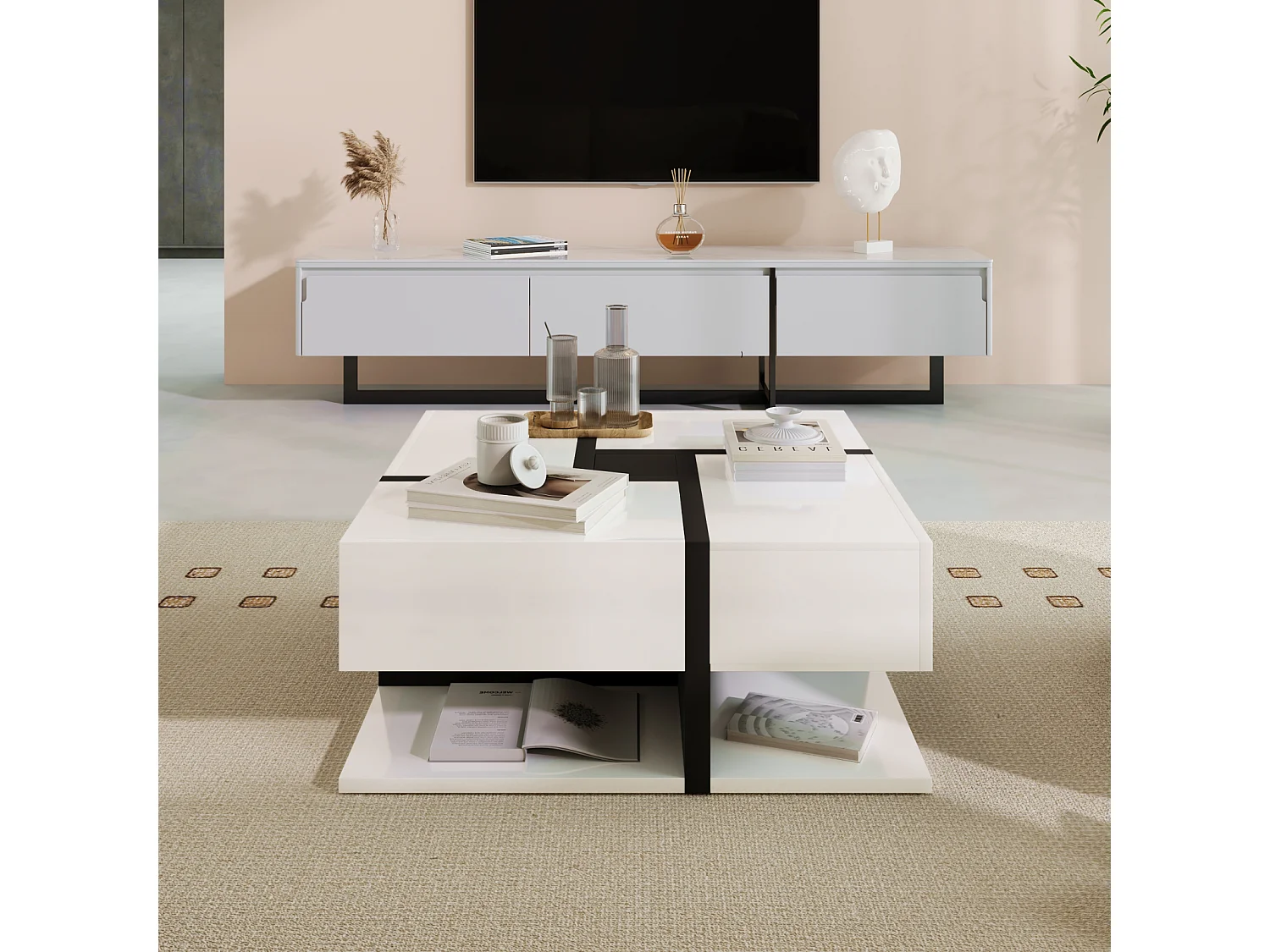 Woonkamer salontafel met 4 lades, modern design, twee planken, uniek design, wit