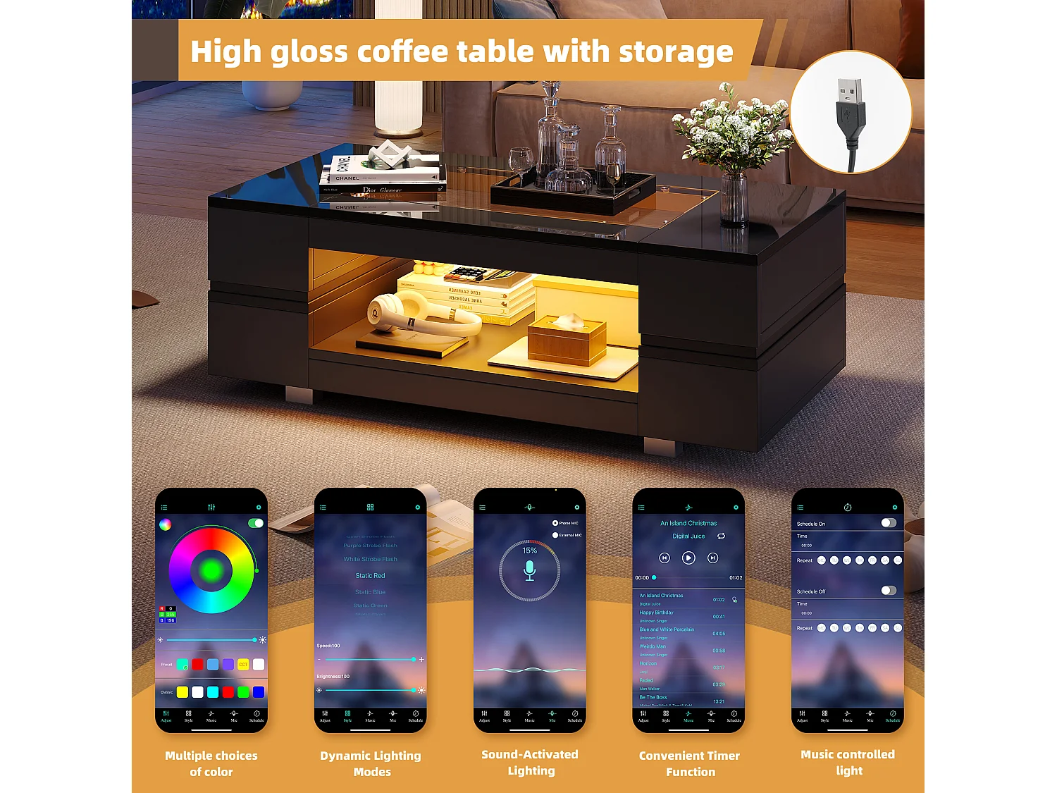 Mesa de centro LED, mesa de centro negra con almacenamiento abierto, tapa de cristal, 100 x 50 x 35 cm