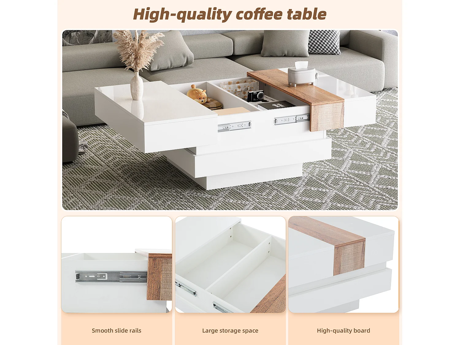 Mesa de centro blanca con tapa deslizante, 2 compartimentos de almacenamiento, 70x70x39 cm - Madera natural