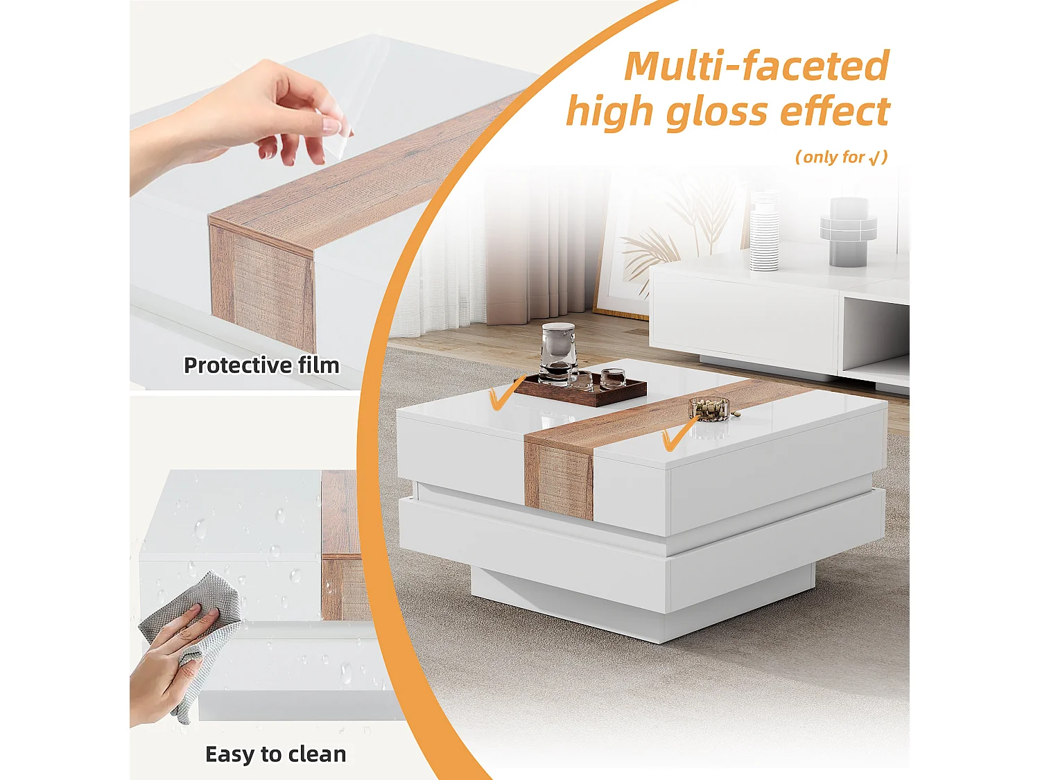 Mesa de centro blanca con tapa deslizante, 2 compartimentos de almacenamiento, 70x70x39 cm - Madera natural