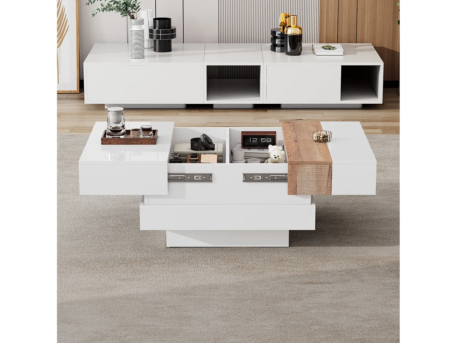 Table Basse Blanc avec Plateau Coulissant, 2 Compartiments de Rangement, 70x70x39 cm - Bois Naturel
