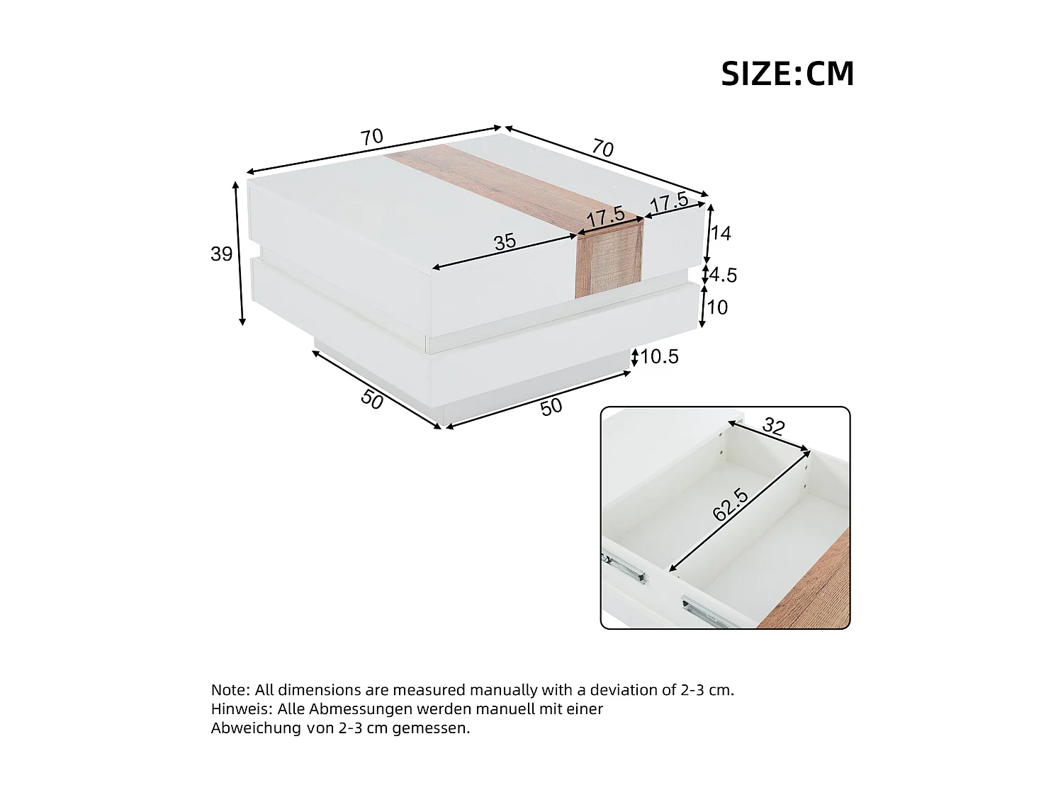 Table Basse Blanc avec Plateau Coulissant, 2 Compartiments de Rangement, 70x70x39 cm - Bois Naturel
