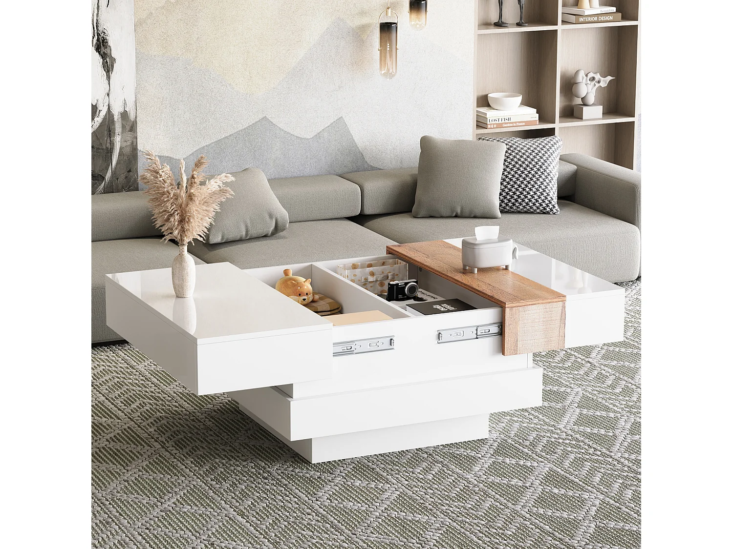 Table Basse Blanc avec Plateau Coulissant, 2 Compartiments de Rangement, 70x70x39 cm - Bois Naturel