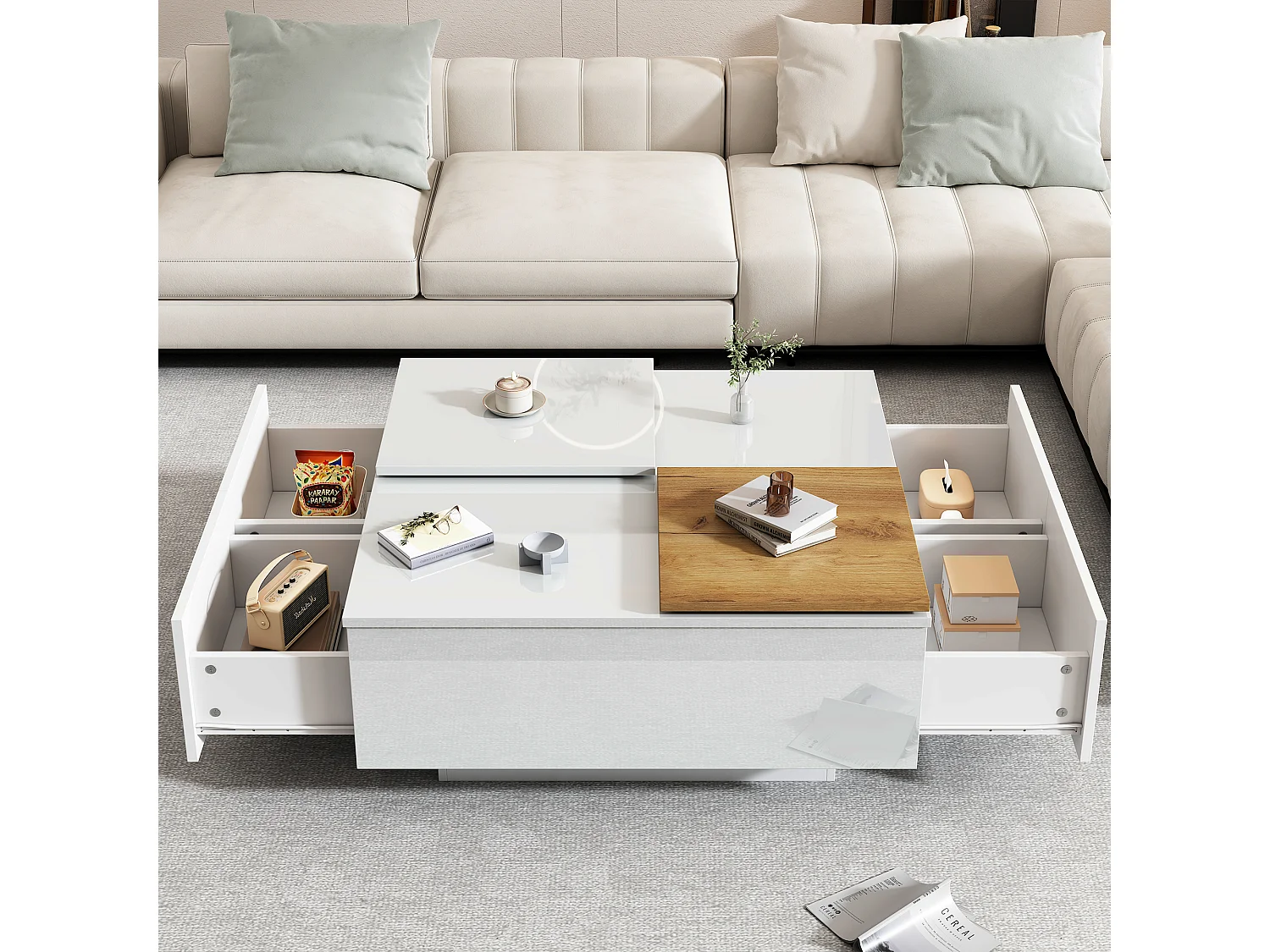 Vierkante salontafel, enkelvoudig schuifblad, 2 lades, 75 x 75 x 33 cm, glanzend wit en hout