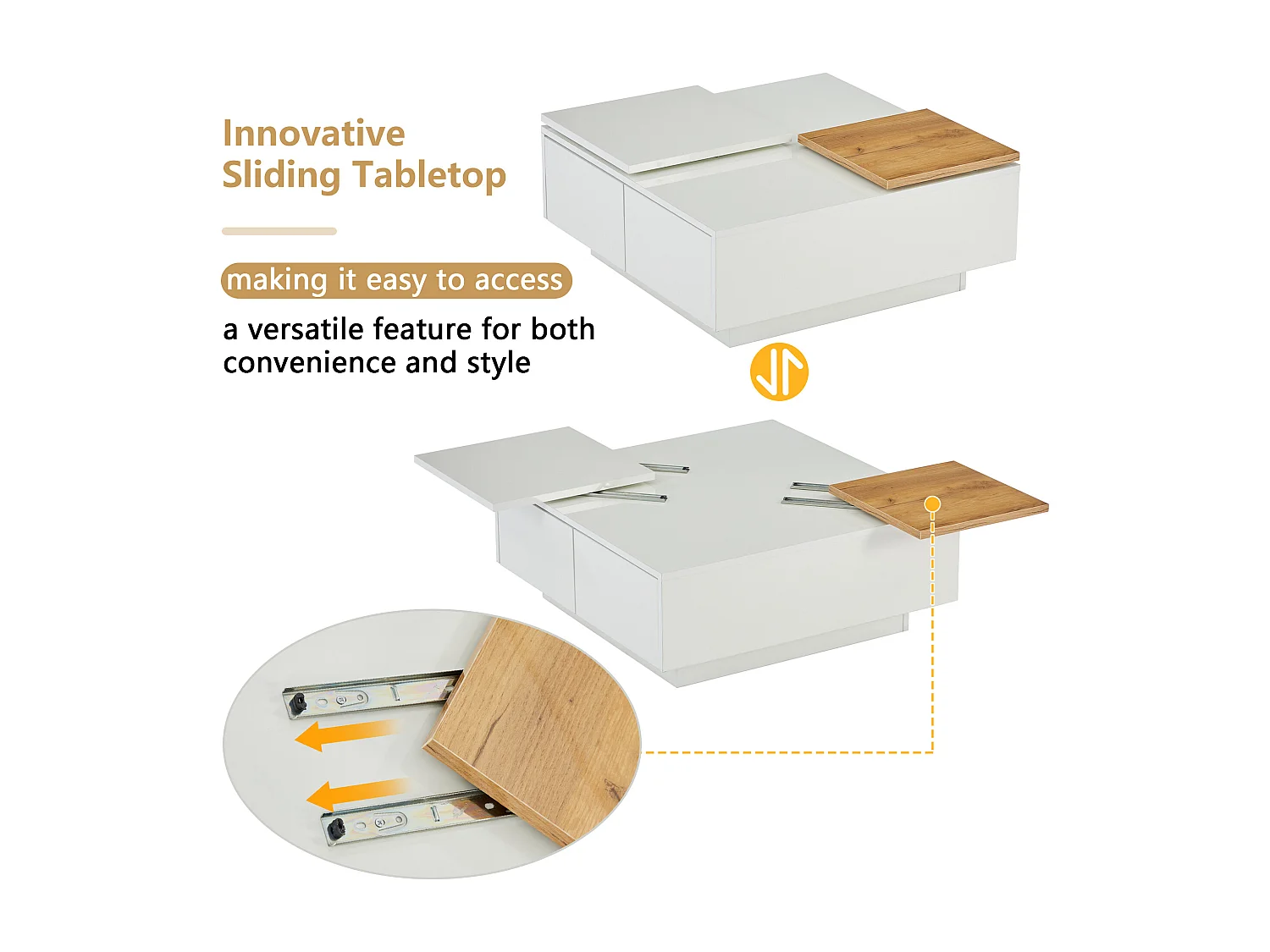 Vierkante salontafel, enkelvoudig schuifblad, 2 lades, 75 x 75 x 33 cm, glanzend wit en hout