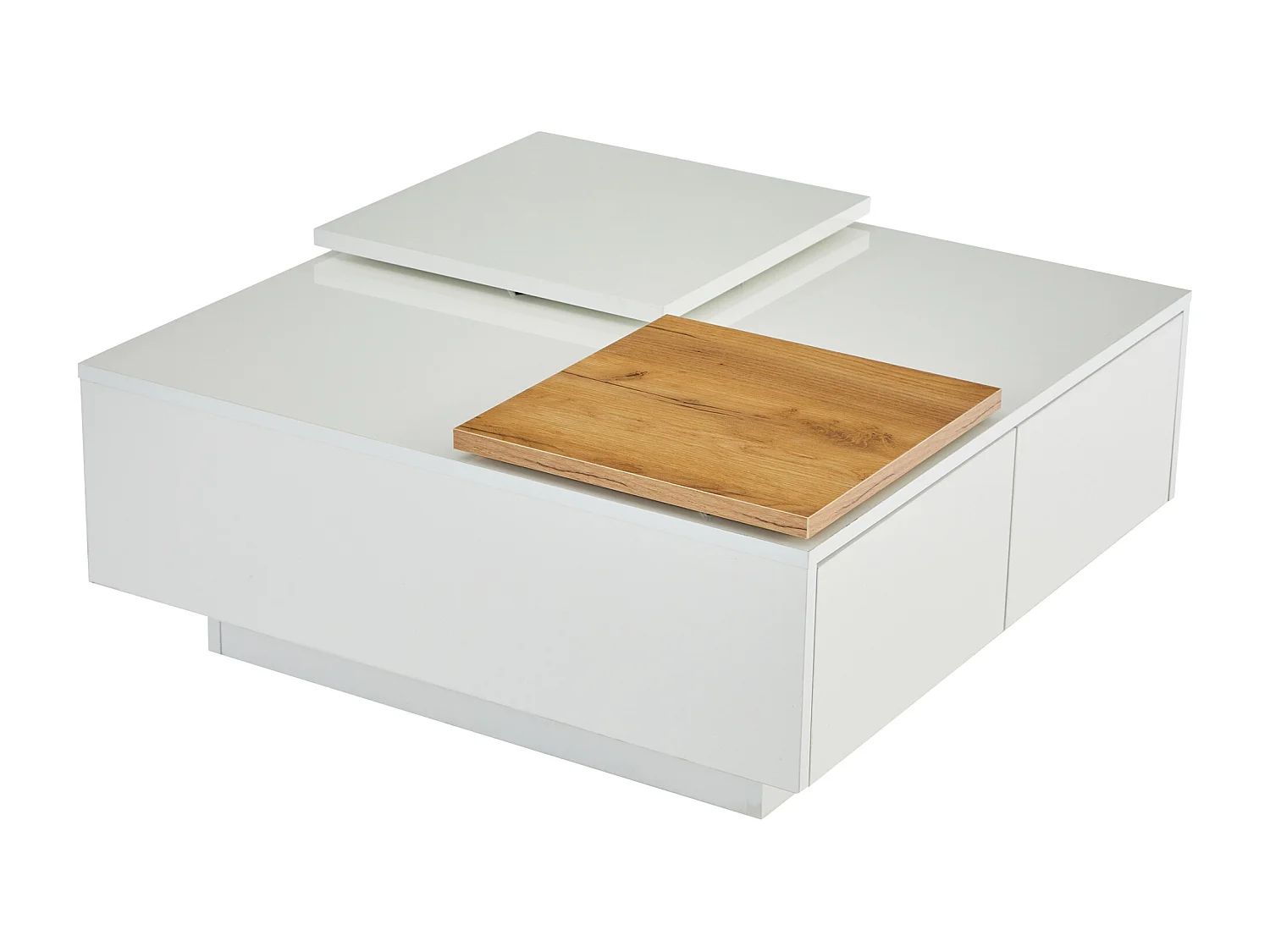 Table Basse Carrée, Unique Plateau Coulissant, 2 Tiroirs, 75 x 75 x 33 cm, Brillant Blanc et bois