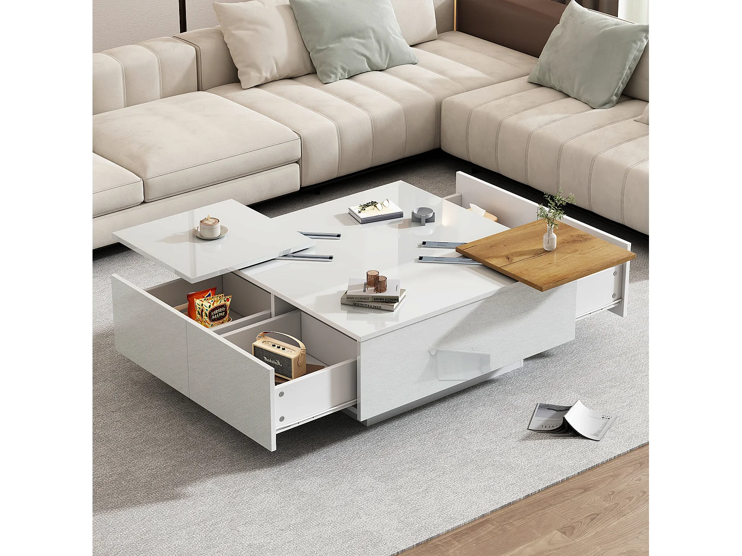 Table Basse Carrée, Unique Plateau Coulissant, 2 Tiroirs, 75 x 75 x 33 cm, Brillant Blanc et bois