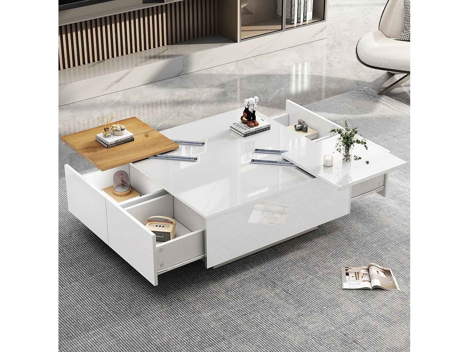 Table Basse Carrée, Unique Plateau Coulissant, 2 Tiroirs, 75 x 75 x 33 cm, Brillant Blanc et bois