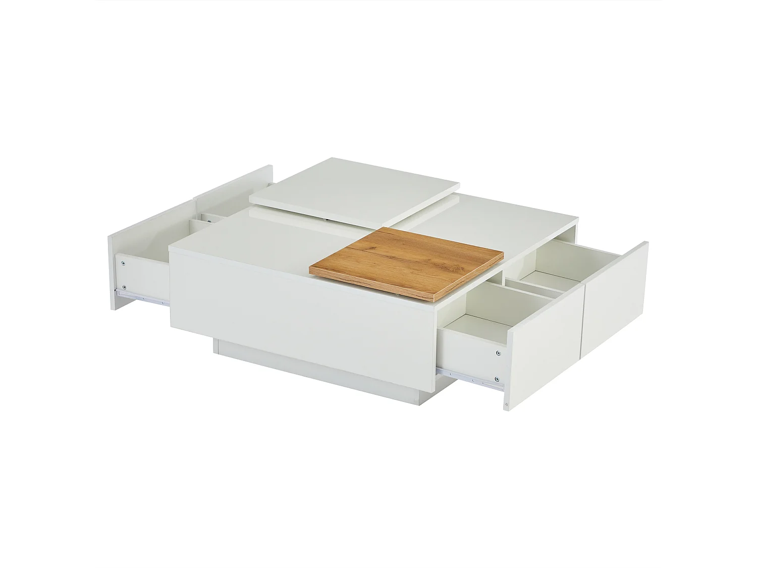 Table Basse Carrée, Unique Plateau Coulissant, 2 Tiroirs, 75 x 75 x 33 cm, Brillant Blanc et bois