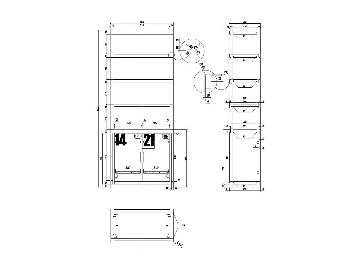 Alex boekenkast met 4 niveaus, 2 deuren, massief grenen en zwarte boekenkast