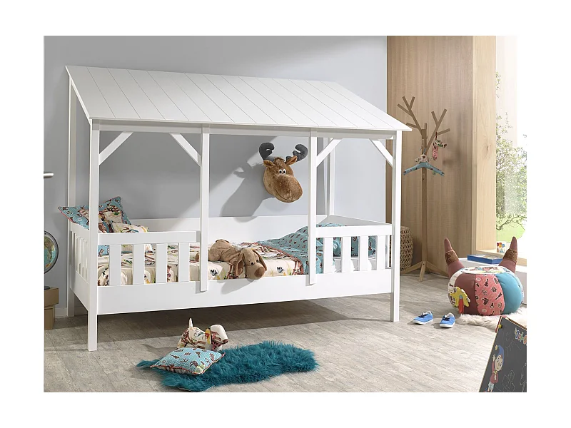 Pack - Lit Cabane Enfant & Sommier "Housebed III" 90x200cm Blanc