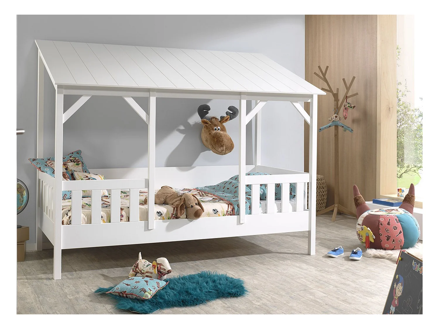 Pack - Lit Cabane Enfant & Sommier "Housebed III" 90x200cm Blanc