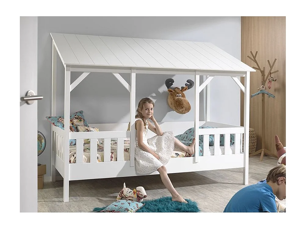 Pack - Lit Cabane Enfant & Sommier "Housebed III" 90x200cm Blanc