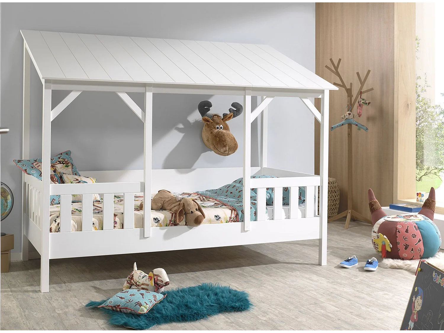 Pack - Lit Cabane Enfant & Sommier "Housebed III" 90x200cm Blanc