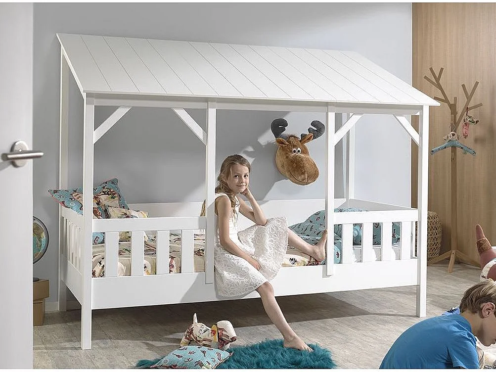 Pack - Lit Cabane Enfant & Sommier "Housebed III" 90x200cm Blanc