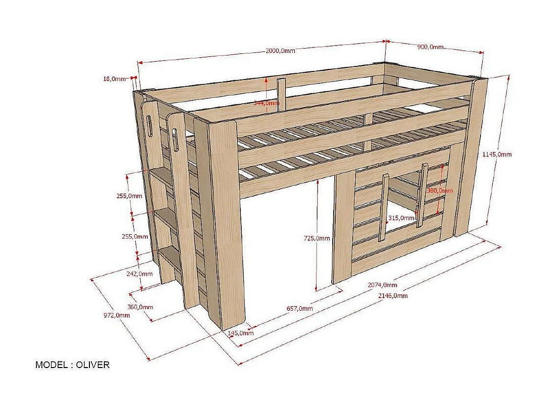 Cama alta 90x200 cm madera clara Olivier
