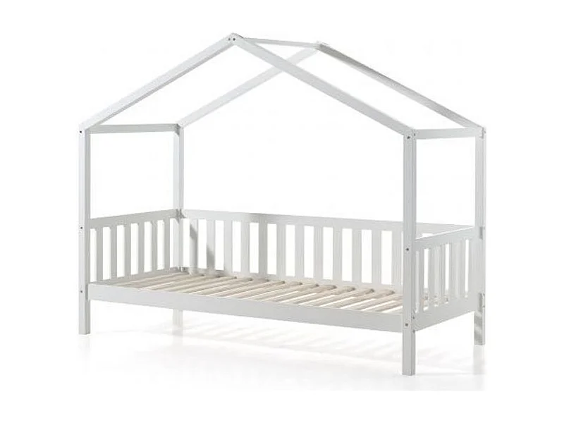 Lit Enfant Cabane & Barrière "Dallas II" 90x200cm Blanc