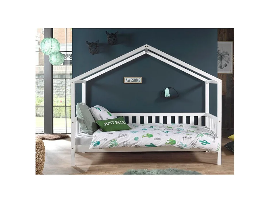 Cama cabina 90x200 cm y base de pino macizo blanco Bali