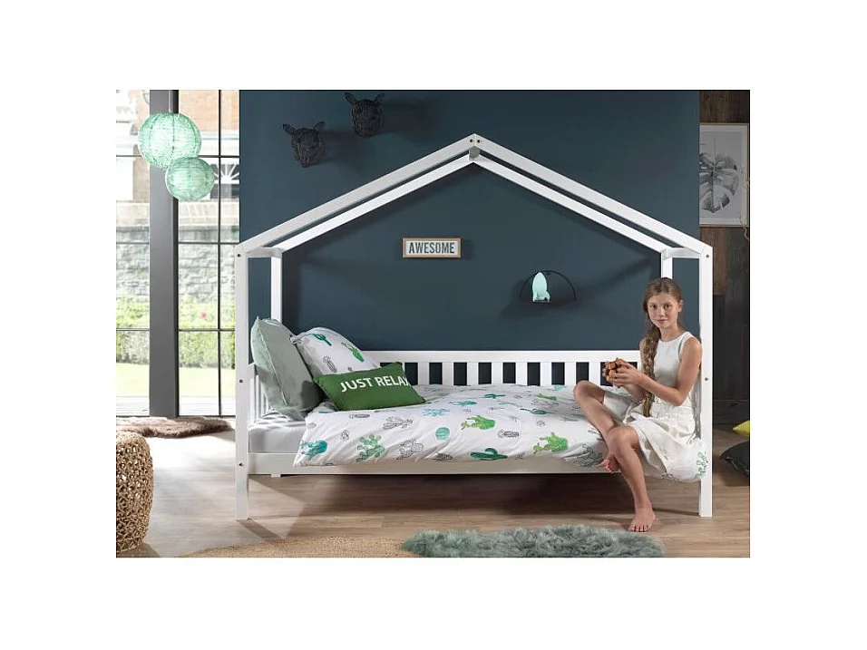 Cama cabina 90x200 cm y base de pino macizo blanco Bali