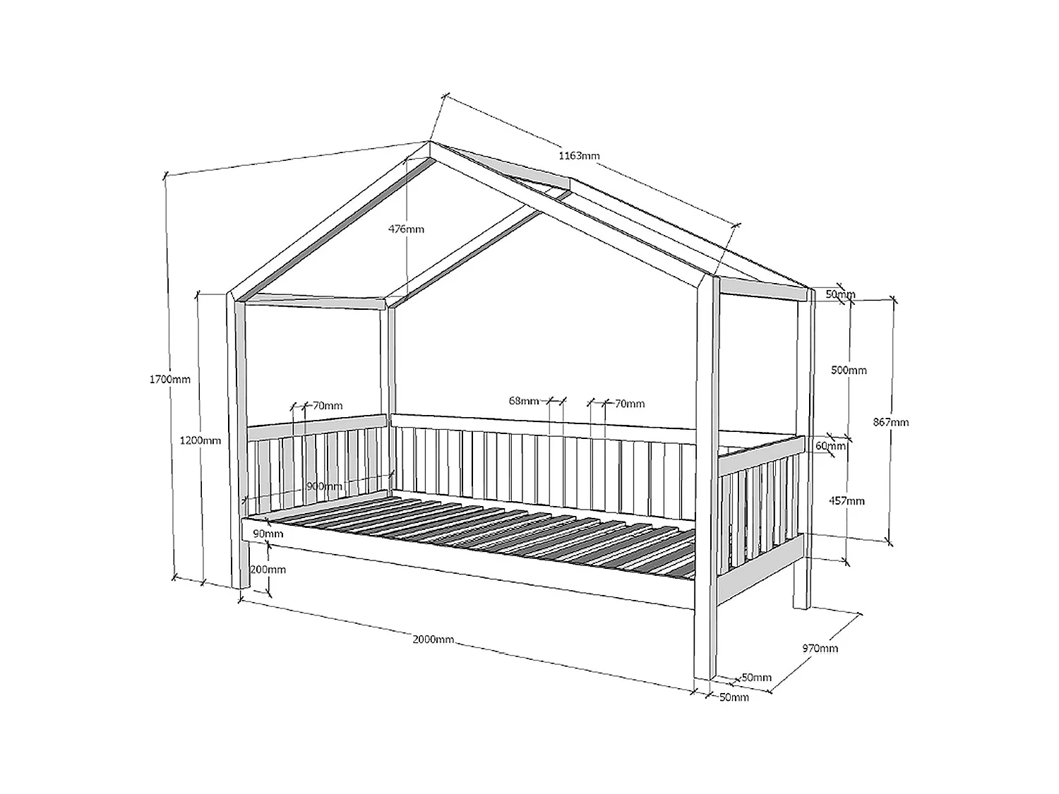 Cama cabina 90x200 cm y base de pino macizo blanco Bali