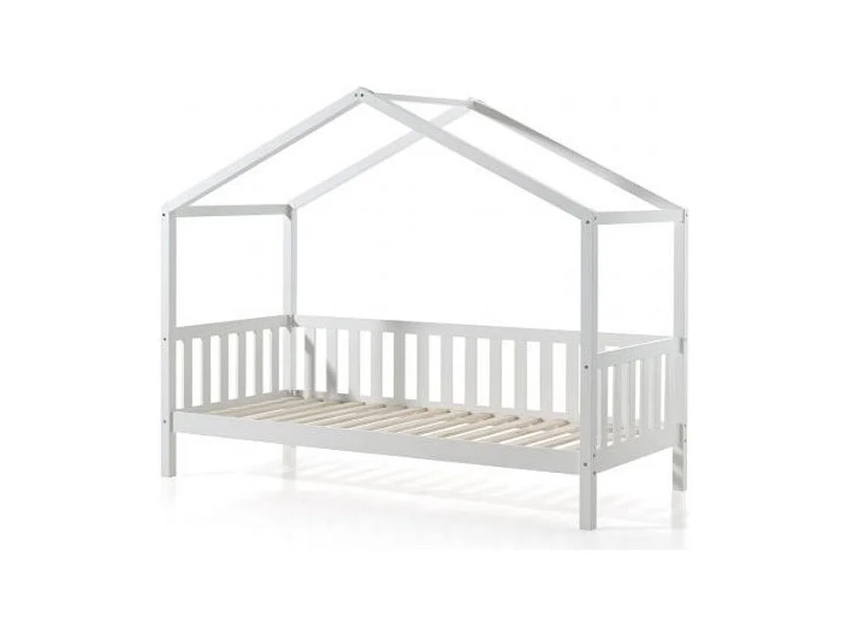 Lit Enfant Cabane & Barrière "Dallas II" 90x200cm Blanc