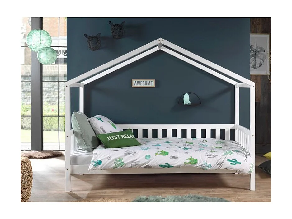 Lit Enfant Cabane & Barrière "Dallas II" 90x200cm Blanc