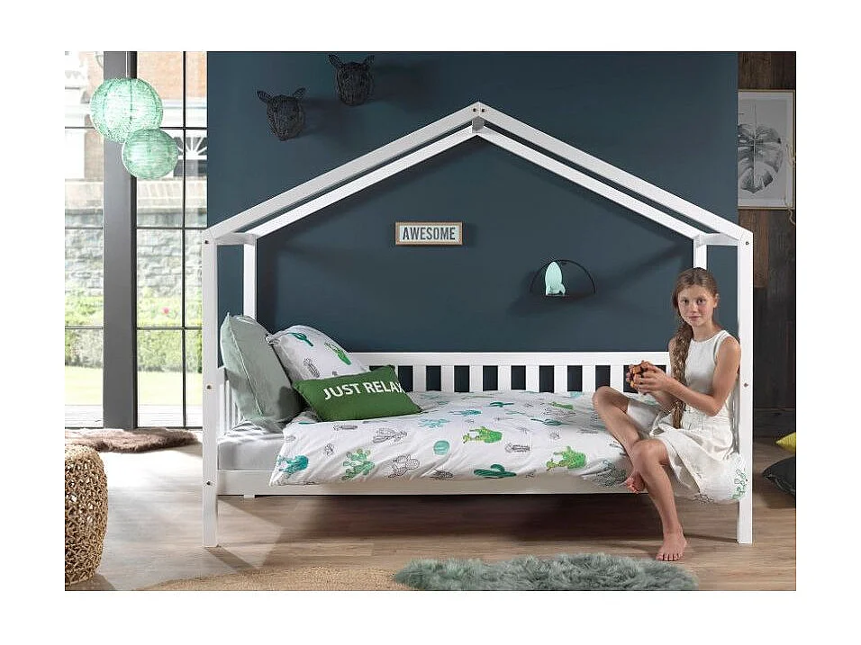 Lit Enfant Cabane & Barrière "Dallas II" 90x200cm Blanc